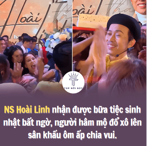 NS Hoài Linh nhận được bữa tiệc sinh nhật bất ngờ, người hâm mộ đổ xô lên sân khấu ôm ấp chia vui.
