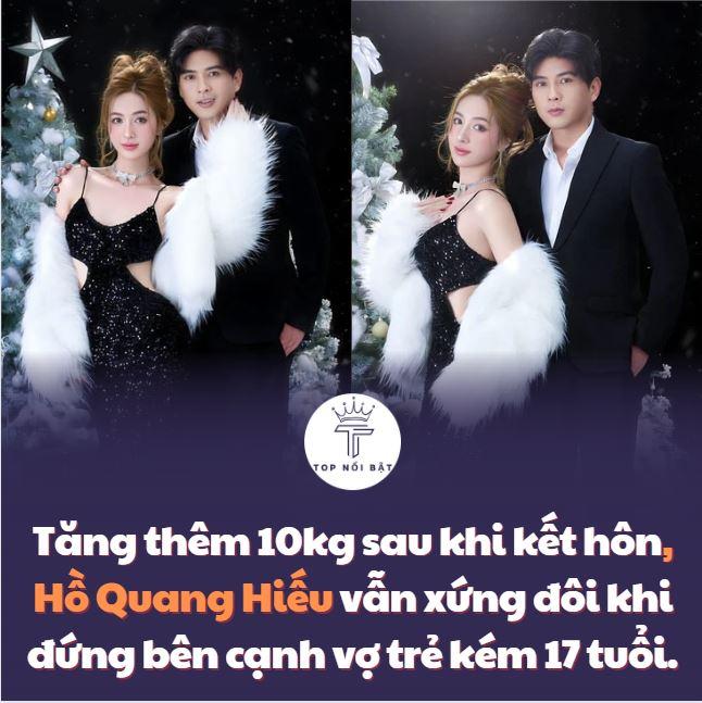 Tăng thêm 10kg sau khi kết hôn, Hồ Quang Hiếu vẫn xứng đôi khi đứng bên cạnh vợ trẻ kém 17 tuổi.