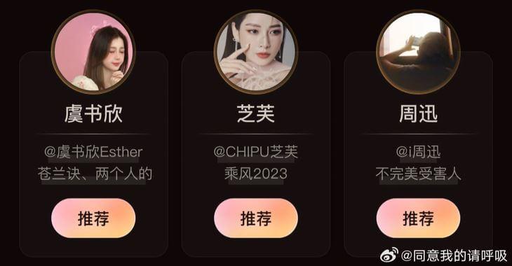 Mục bình chọn của Chi Pu cho giải thưởng Nghệ sĩ nổi bật của năm trên Weibo - Ảnh chụp màn hình